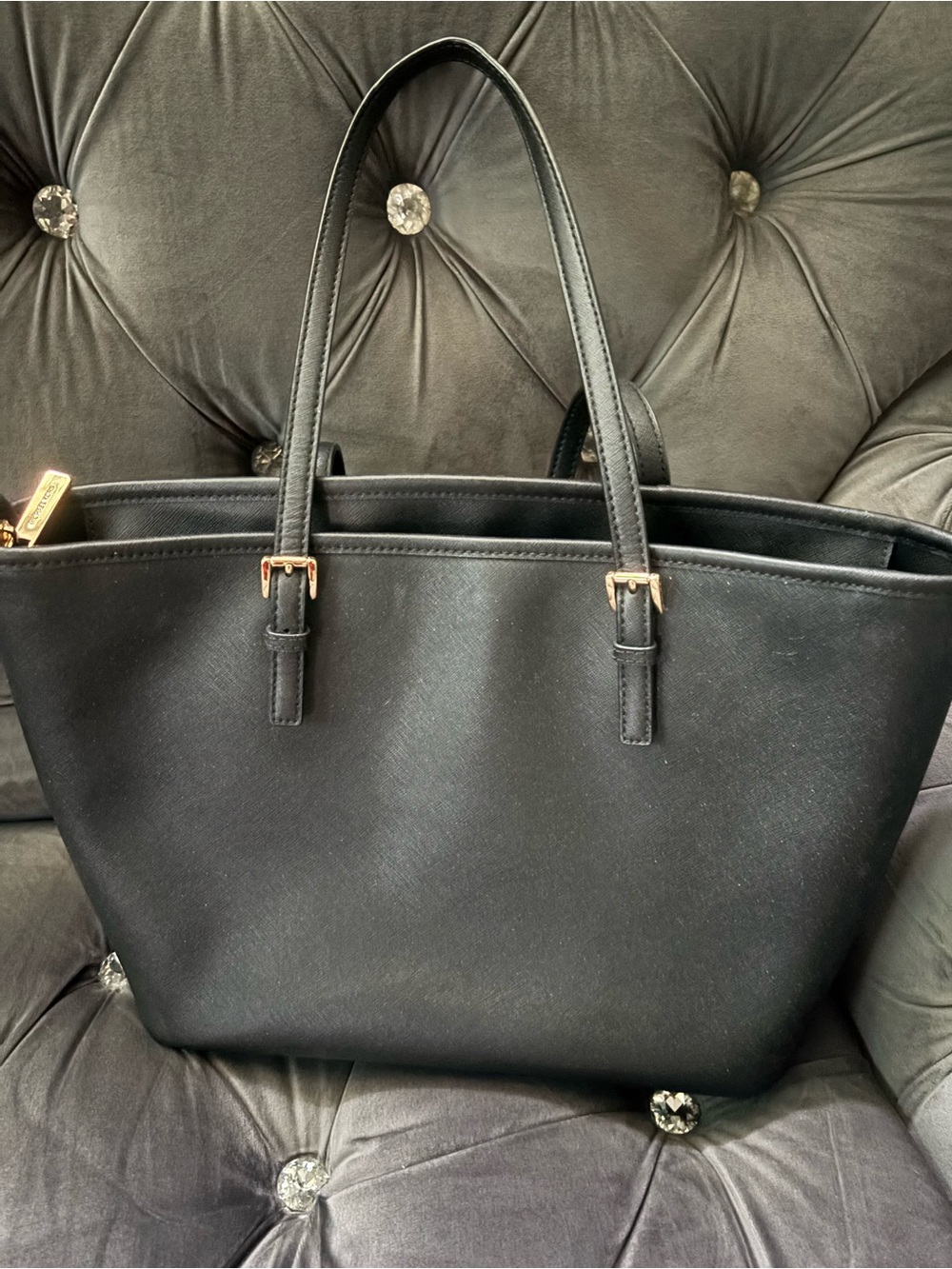 Michael Kors Black Leather Tote with Gold MK Charm - Picture 8 of 8